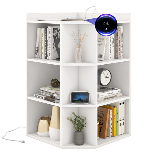Giantex 3-Tier Corner Cabinet w/Charging Station, Bookshelf w/9 Cubbies,1 USB Port & 1 Type-C Port, Storage Organizer, White