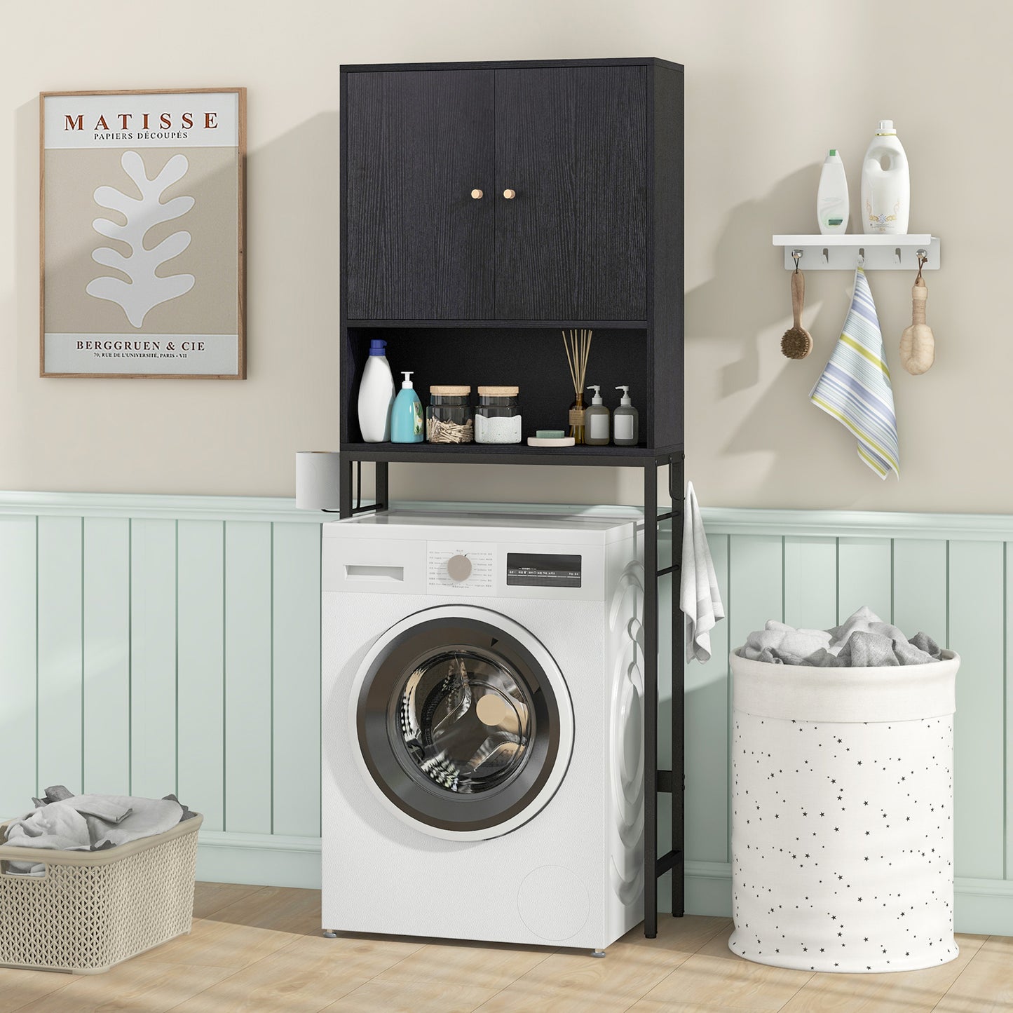 Giantex Over The Toilet Storage Cabinet, Freestanding Above Toilet Rack w/Adjustable Shelf & Bottom Bar, Black