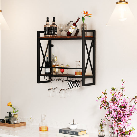 Giantex Metal Hanging Wine Bottle Glass Rack, Wall Mounted Wine Floating Shelves