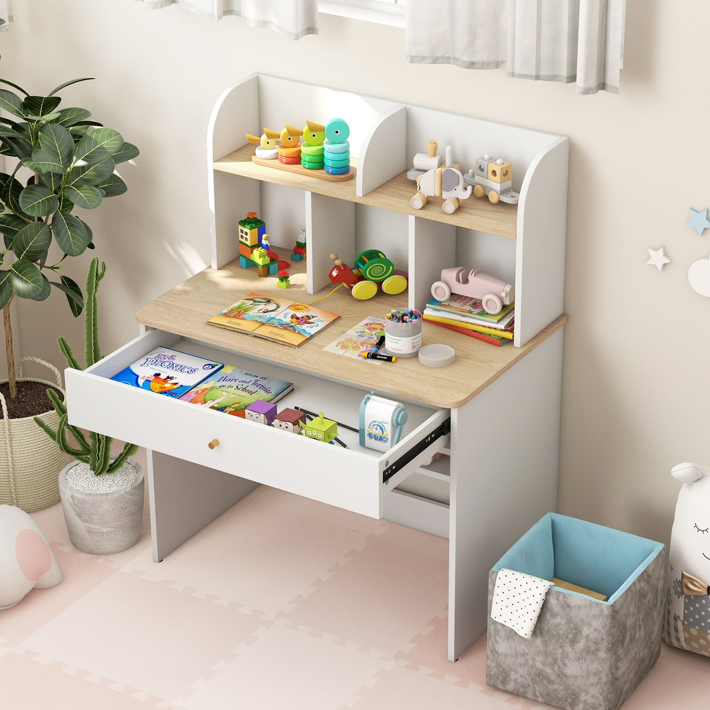 Giantex Wooden Children School Study Table, Kids Desk w/Storage Shelves, Student Writing Desk Computer Workstation