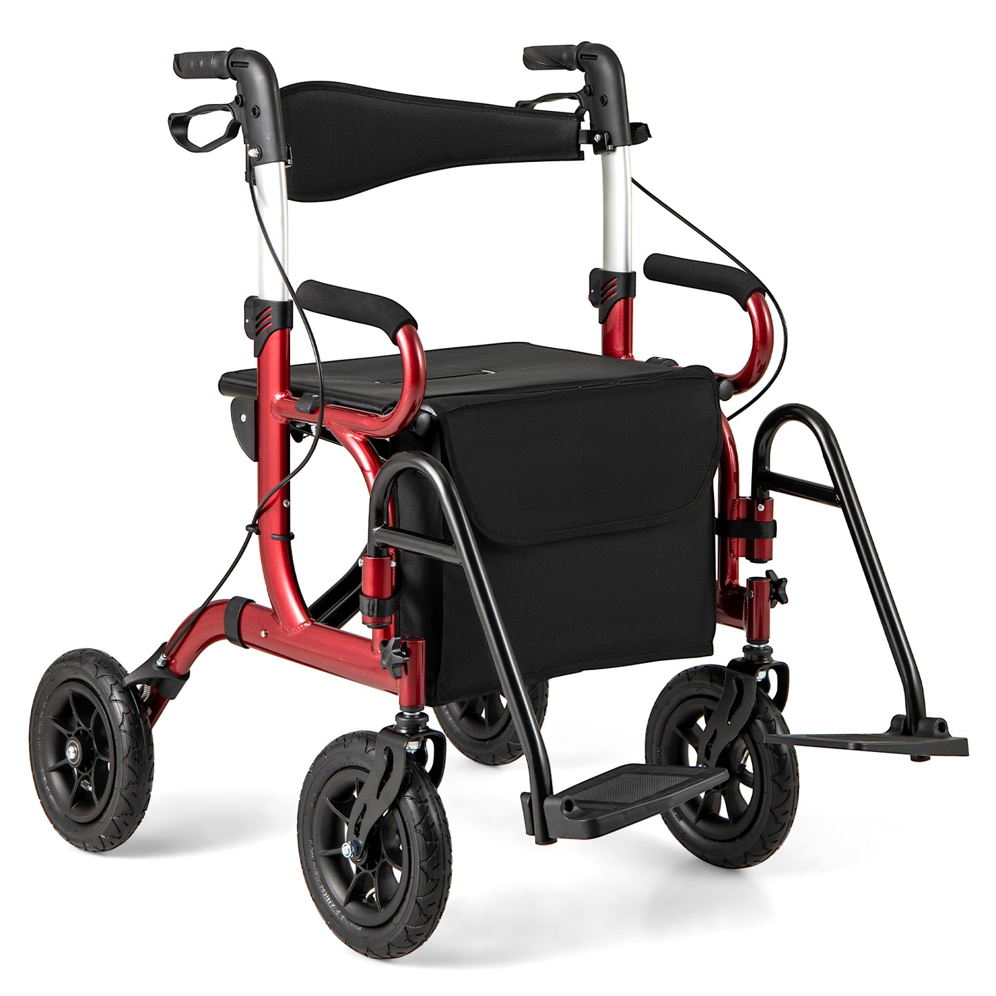 Giantex Walkers for Seniors, Folding Rolling Walker w/Reversible Backrest, Detachable Storage & Umbrella Holder, Red
