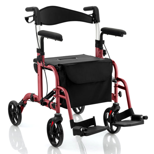 Giantex 2 in 1 Folding Rollator Walker, Portable Rolling Wheelchair w/Adjustable Height, Red