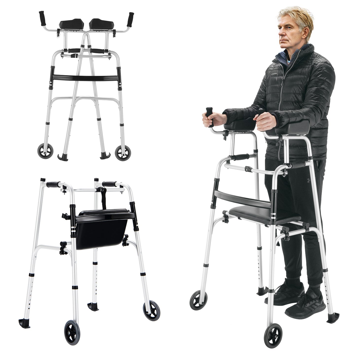 Giantex Folding Walkers for Seniors, Upright Walker w/Seat, Adjustable Platform Walker Mobility Aid