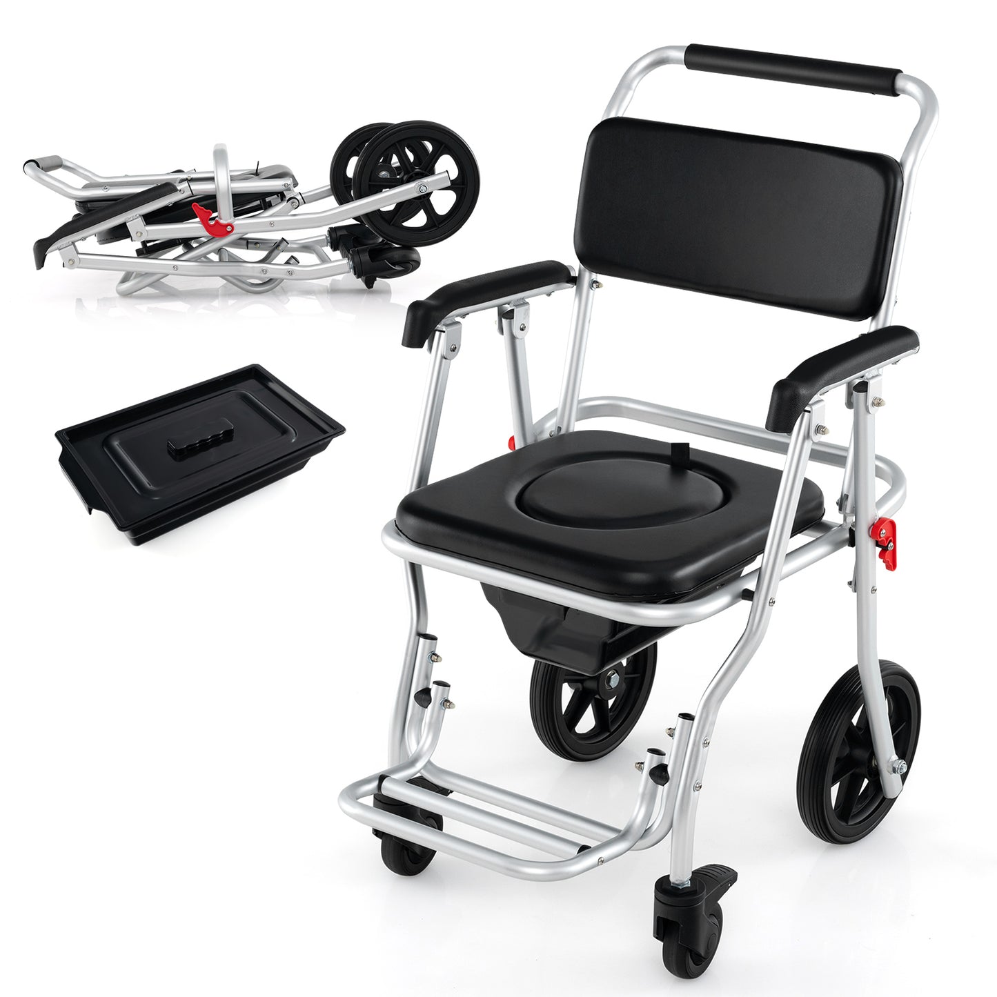 Giantex Bedside Commode Wheelchair, Foldable Shower Chair for Toilet w/Detachable Bucket, Transport Wheelchair, Rolling Shower Seats