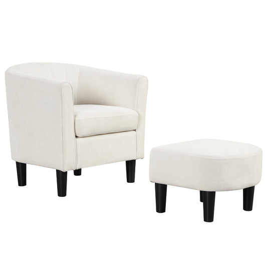 Giantex Modern Accent Chair, Upholstered Teddy Velvet Barrel Club Chair w/Ottoman, Comfy Accent Arm Chair