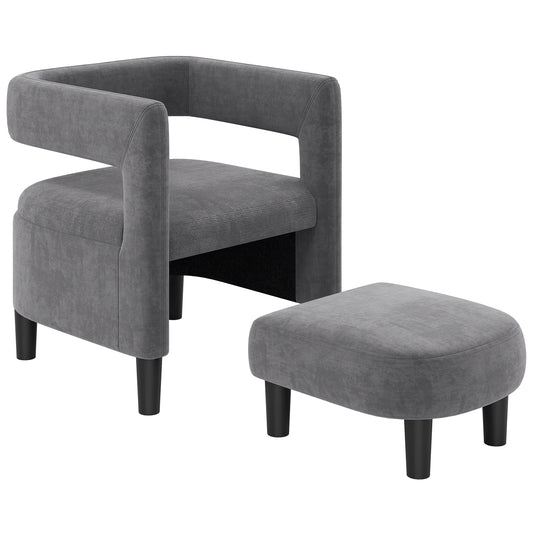 Giantex Velvet Accent Chair w/Ottoman, Mid Century Modern Comfy Upholstered Armchair, Round Club Chair