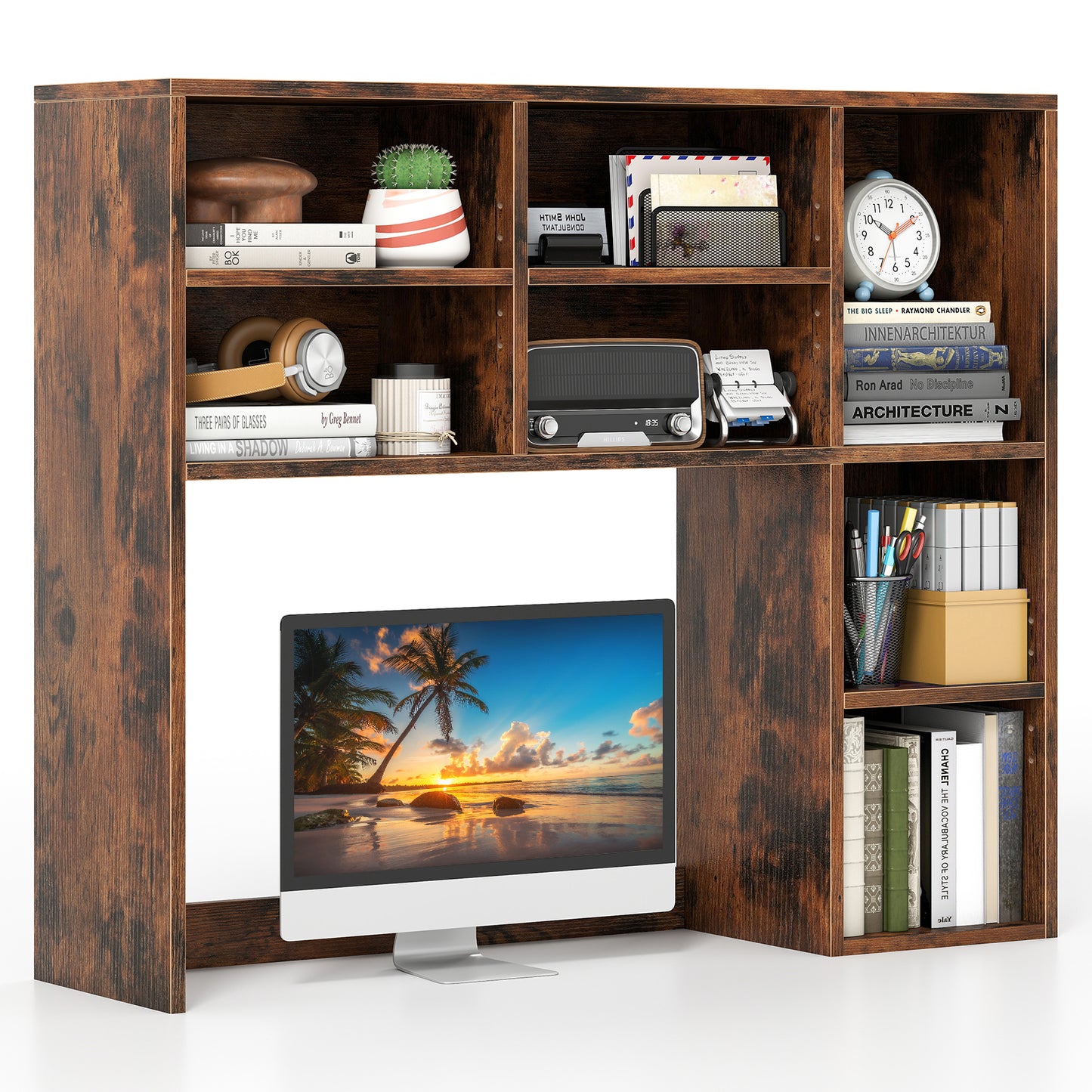 Giantex Desktop Bookshelf, Desk Hutch Dorm w/3 Adjustable Shelves, Wooden Desktop Storage Organizer, Brown