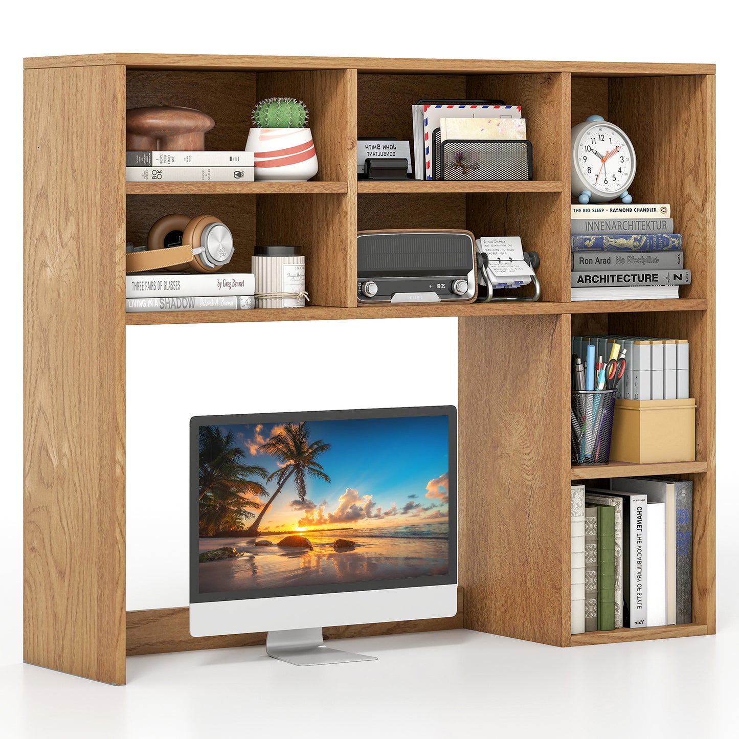 Giantex Desktop Bookshelf, Desk Hutch Dorm w/3 Adjustable Shelves, Wooden Desktop Storage Organizer, Natural