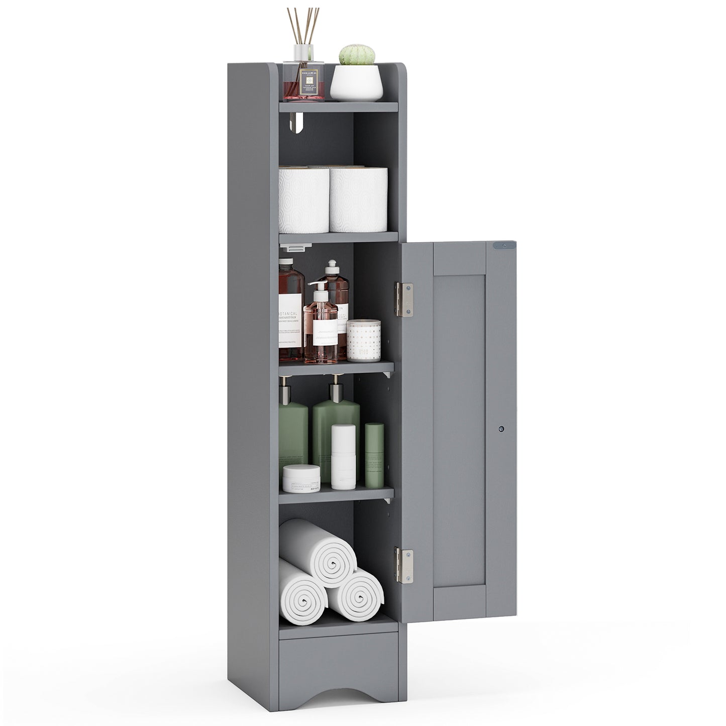 Giantex Small Bathroom Storage Cabinet, Corner Floor Cabinet w/Door & Adjustable Shelves, Narrow Toilet Paper Holder, Slim Storage Organizer, Grey