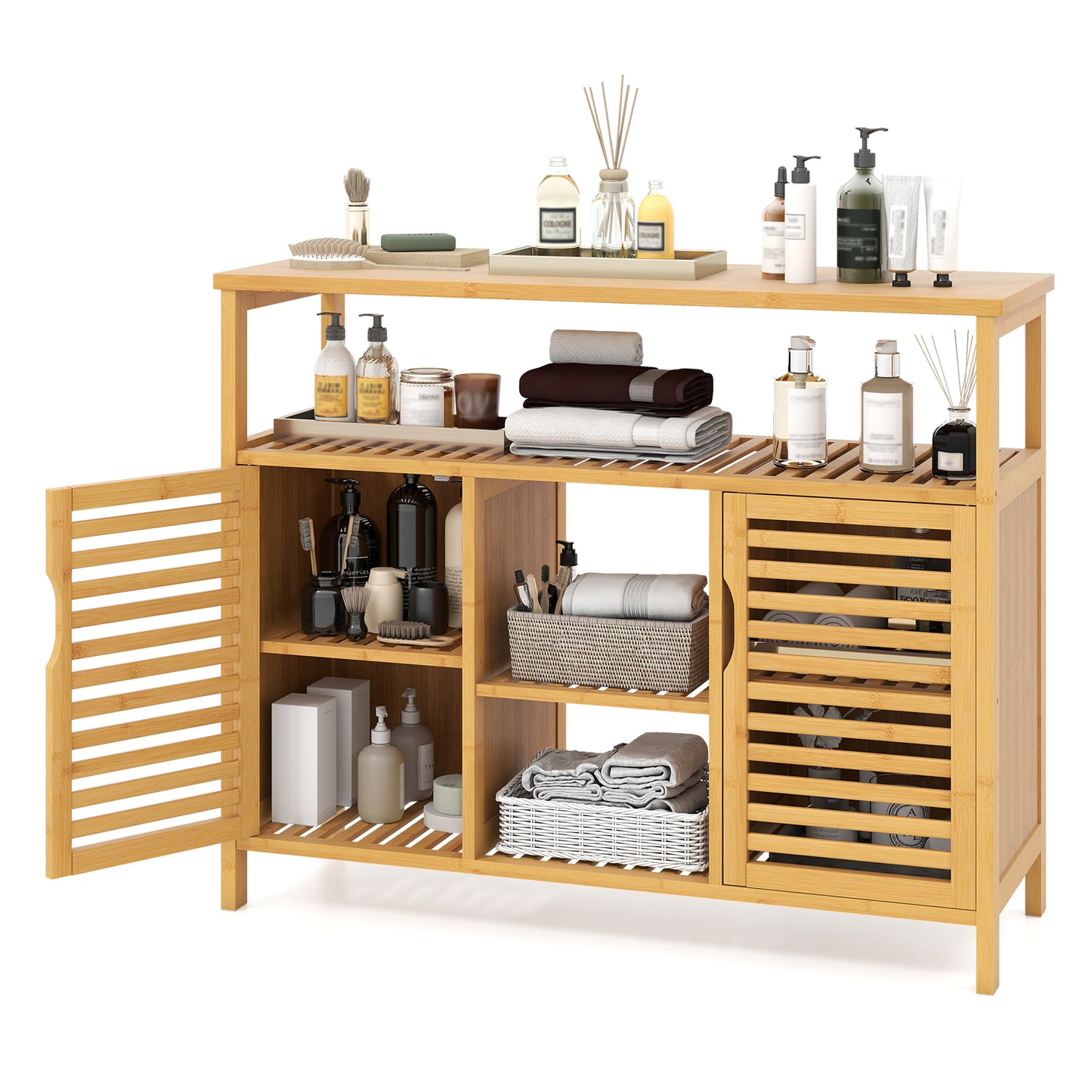 Giantex Bathroom Storage Cabinet, 2-door Bamboo Freestanding Organizer, Slatted Floor Cupboard Home Furniture