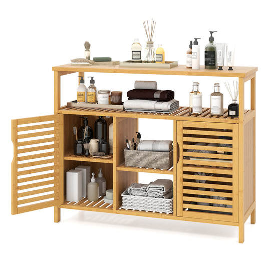Giantex Bathroom Storage Cabinet, 2-door Bamboo Freestanding Organizer, Slatted Floor Cupboard Home Furniture