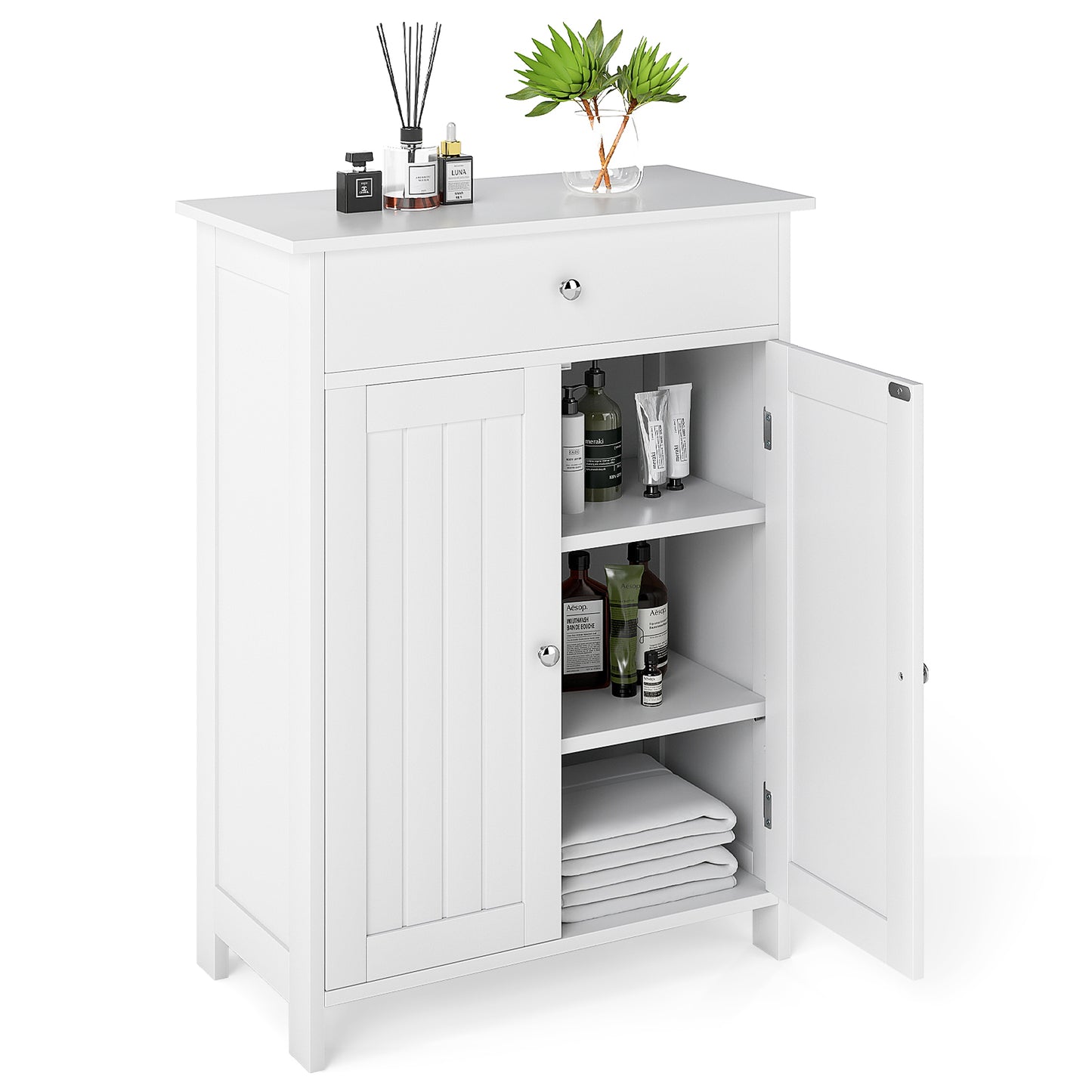 Giantex Bathroom Storage Cabinet, Floor Storage Organizer w/3-Level Adjustable Shelf, Modern Storage Unit, White