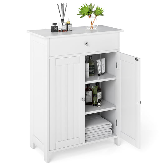 Giantex Bathroom Storage Cabinet, Floor Storage Organizer w/3-Level Adjustable Shelf, Modern Storage Unit, White