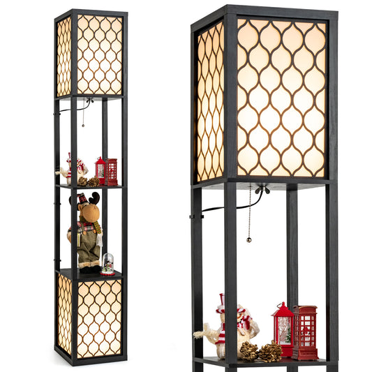 Giantex Modern Shelf Floor Lamp, Freestanding Double Lamp, Display Floor Light w/2-Tier Wood Shelf & Foot Switch