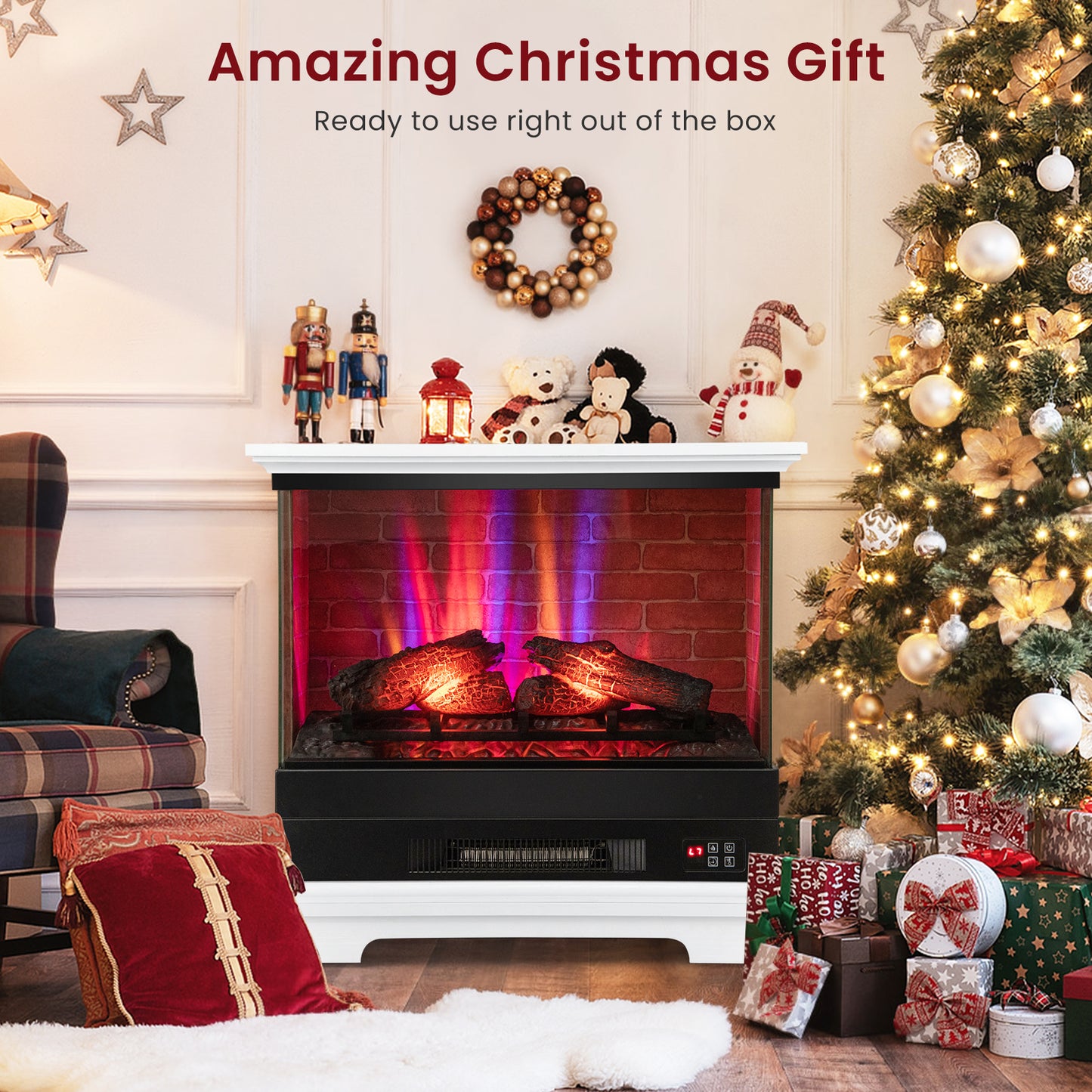 Giantex 27" Electric Fireplace Heater, Freestanding Fireplace Stove w/Remote Control, 3-Sided View, White