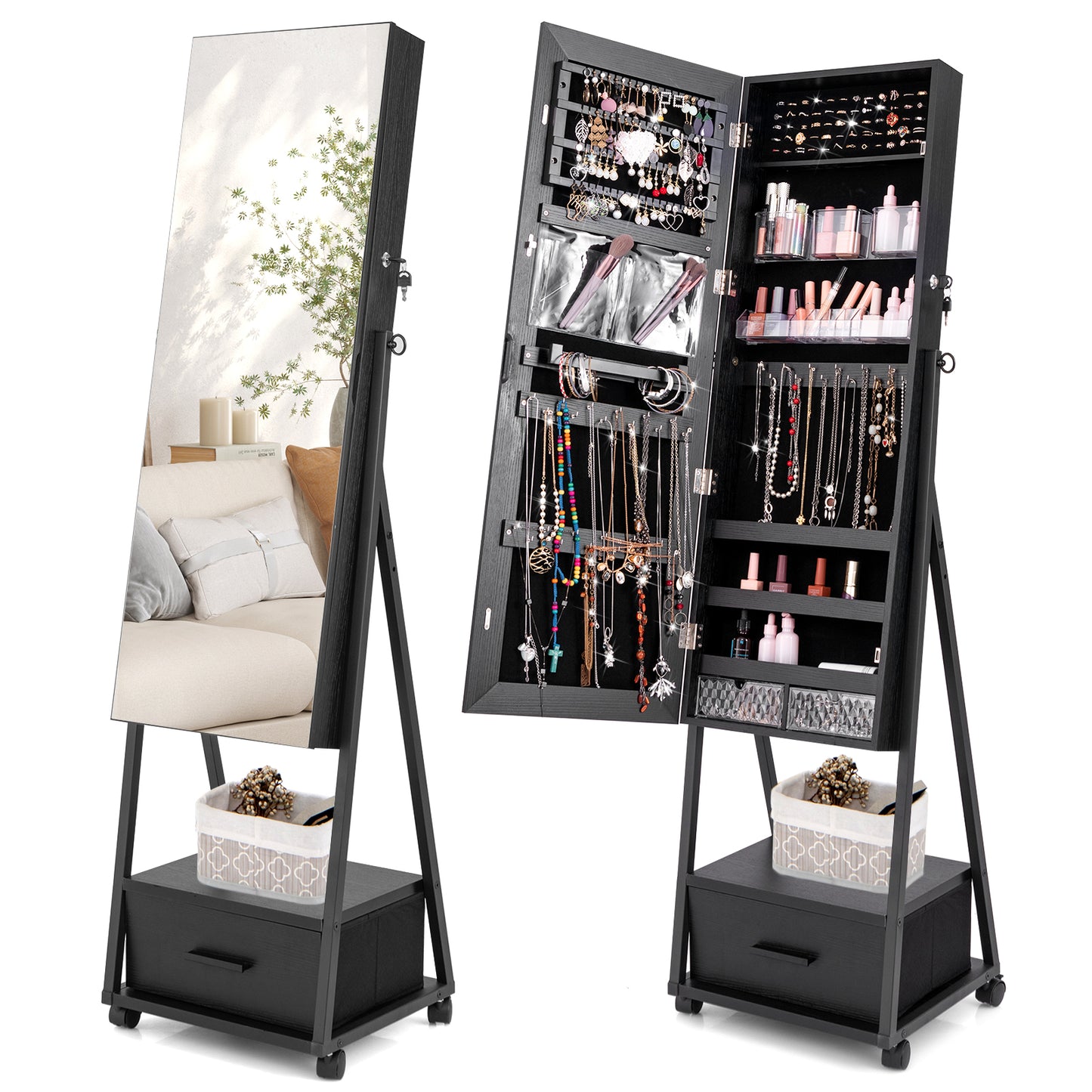Giantex Freestanding Jewelry Cabinet, Jewelry Makeup Storage Organizer, Mobile Jewelry Armoire, Black