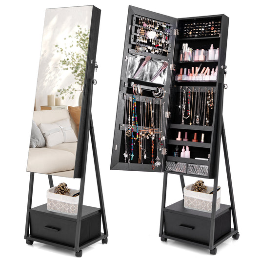 Giantex Freestanding Jewelry Cabinet, Jewelry Makeup Storage Organizer, Mobile Jewelry Armoire, Black