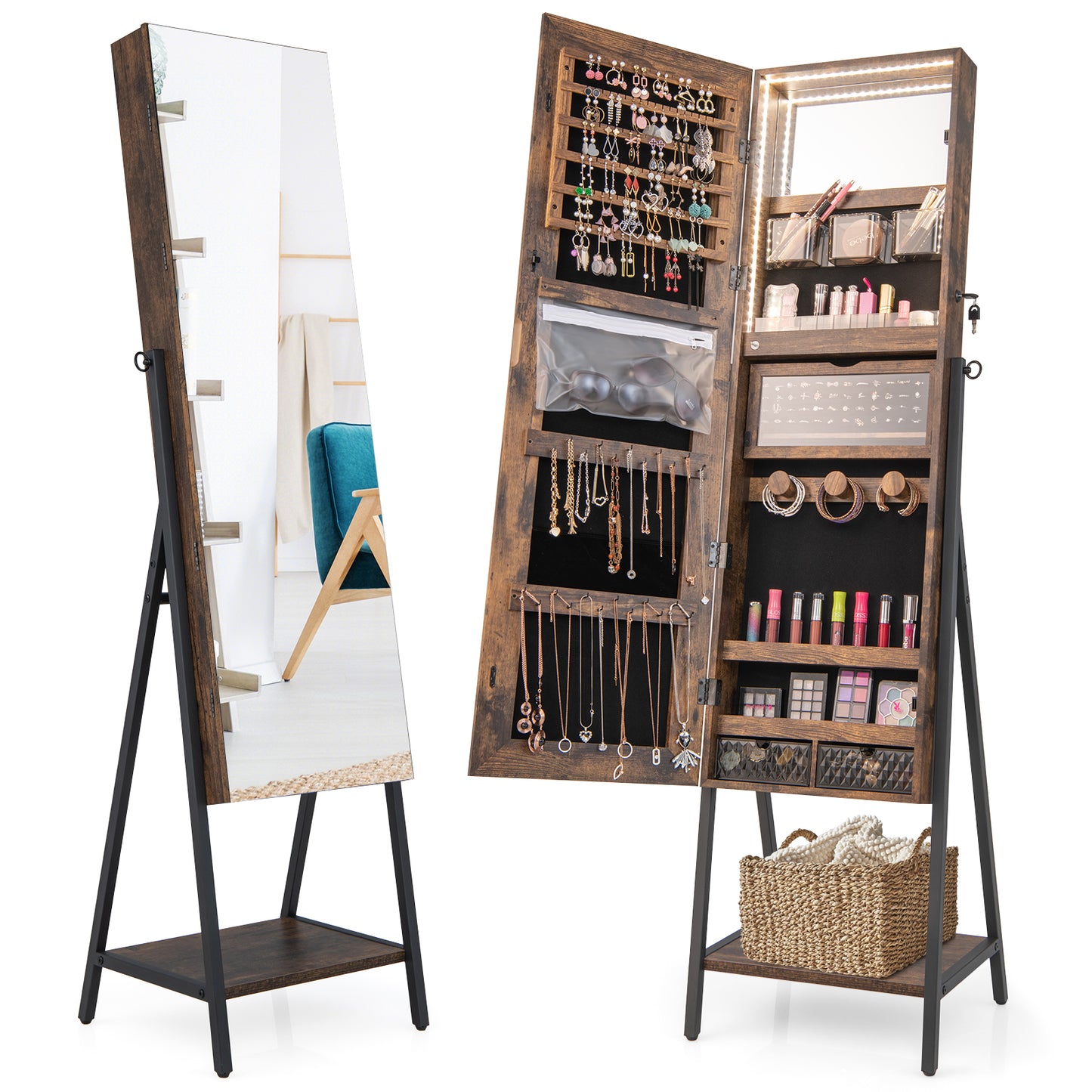 Giantex Freestanding Jewelry Armoire, Lockable Jewelry Cabinet Organizer w/ Full-Length Mirror, Brown