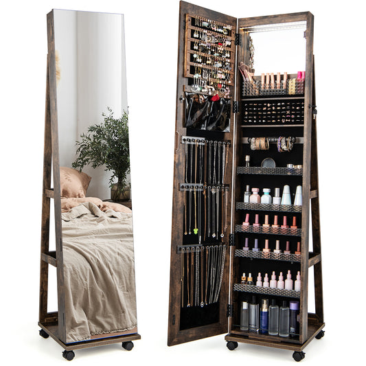 Giantex Lockable Jewelry Cabinet Armoire, 64" Standing Jewelry Organizer w/ Built-in Makeup Mirror, Coffee