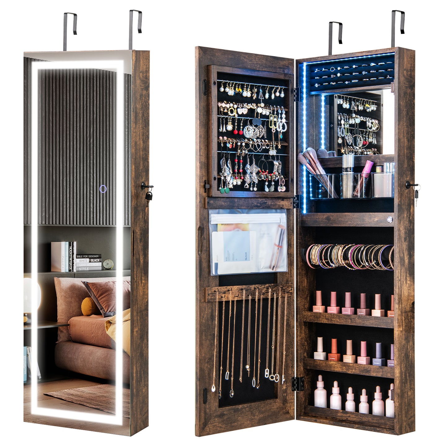 Giantex 42.5" LED Mirror Jewelry Cabinet, Wall Mounted/Door, Hanging Jewelry Armoire, Brown