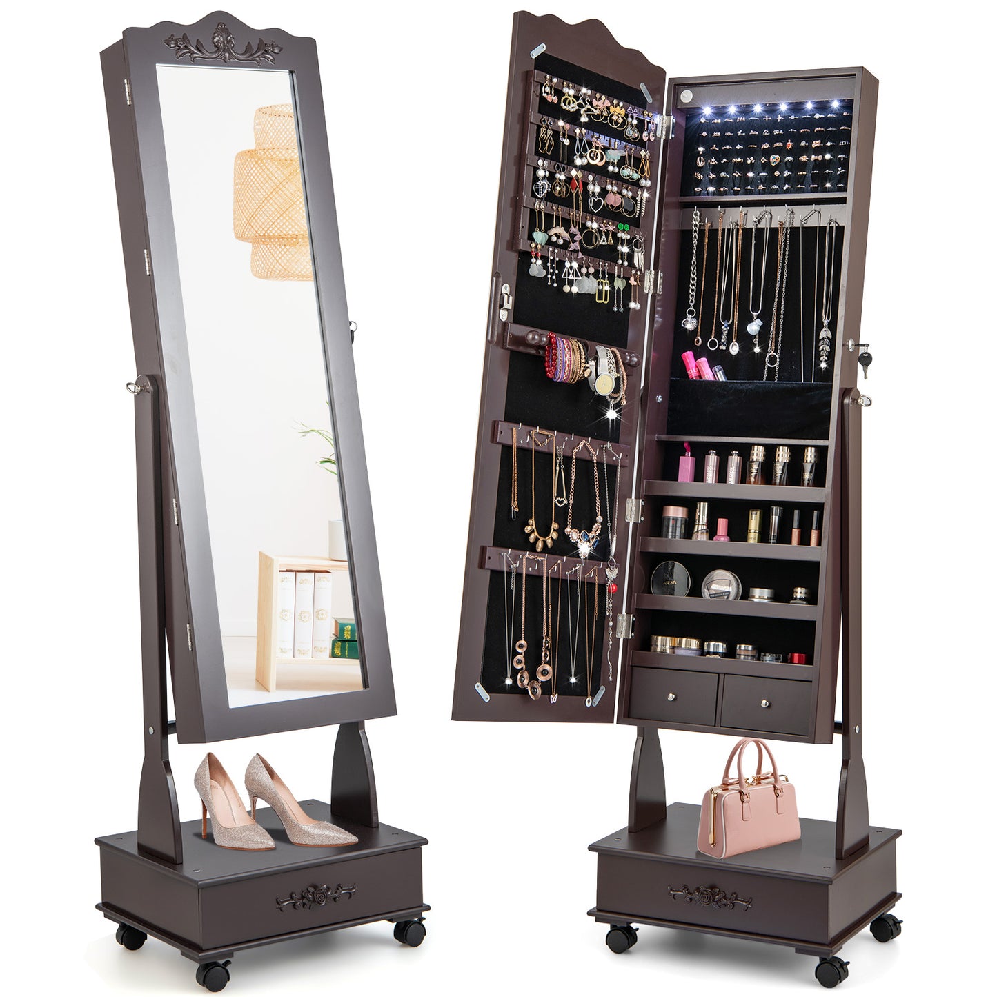 Giantex Floor Standing Jewelry Armoire, Lockable Jewelry Organizer w/3-position Adjustable Angle, Brown