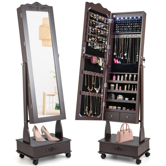 Giantex Floor Standing Jewelry Armoire, Lockable Jewelry Organizer w/3-position Adjustable Angle, Brown