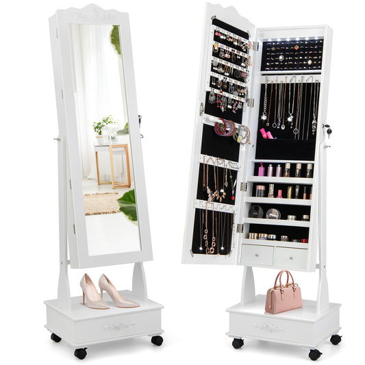 Giantex Floor Standing Jewelry Armoire, Lockable Jewelry Organizer w/3-position Adjustable Angle, White