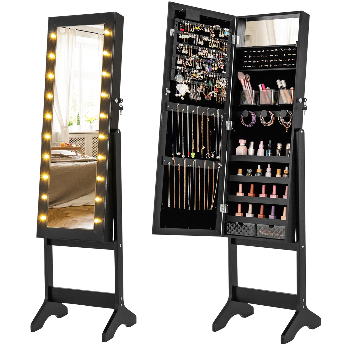 Giantex Mirror Jewelry Cabinet, Standing Jewelry Armoire Organizer w/ Full-Length Mirror & 20 Warm Lights, Black