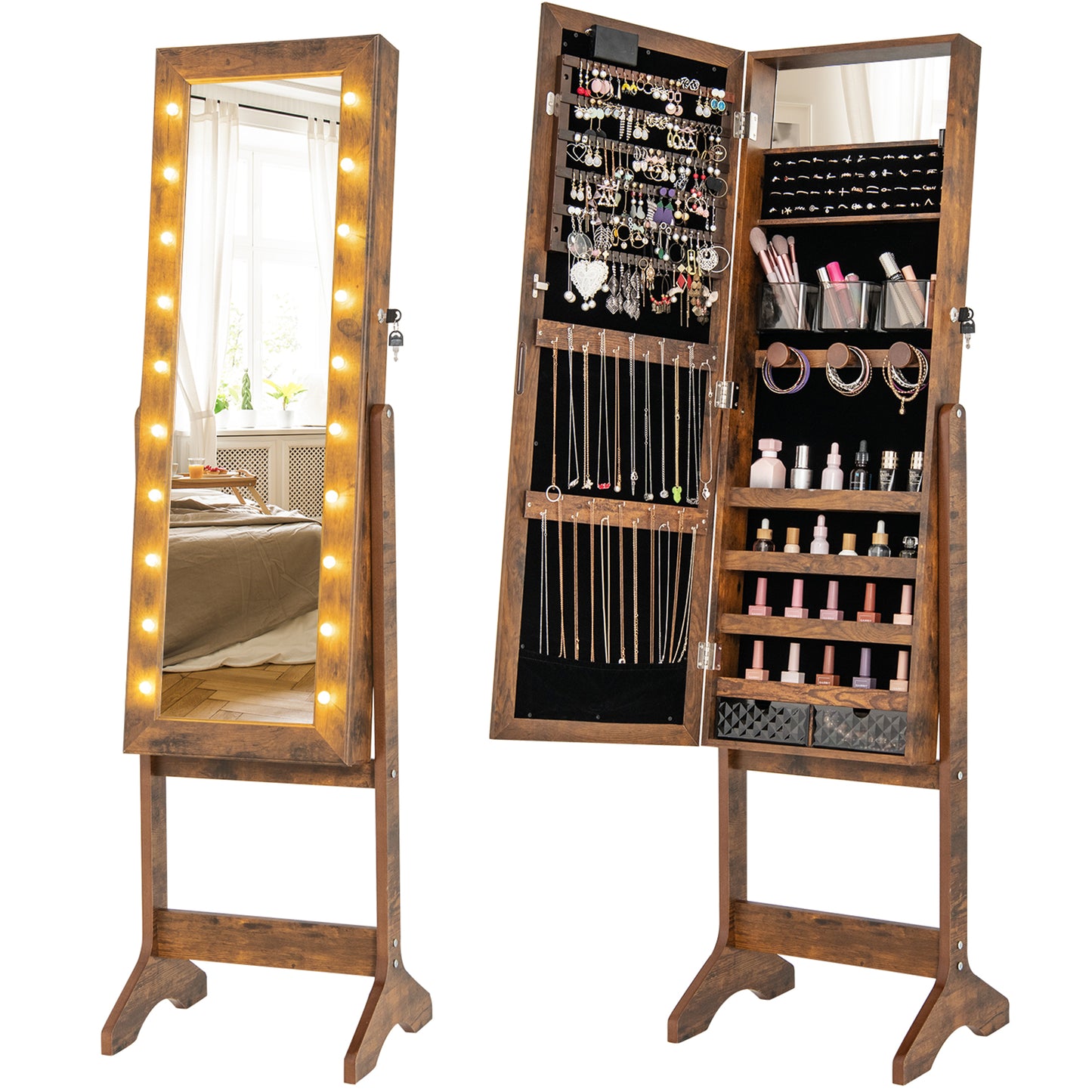 Giantex Mirror Jewelry Cabinet, Standing Jewelry Armoire Organizer w/ Full-Length Mirror & 20 Warm Lights, Brown