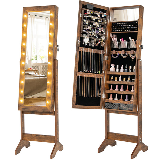 Giantex Mirror Jewelry Cabinet, Standing Jewelry Armoire Organizer w/ Full-Length Mirror & 20 Warm Lights, Brown