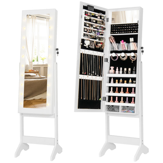Giantex Mirror Jewelry Cabinet, Standing Jewelry Armoire Organizer w/ Full-Length Mirror & 20 Warm Lights, White