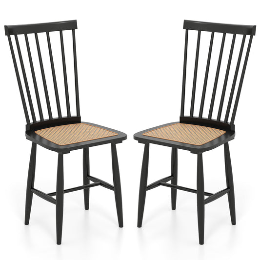 Giantex 2 Pieces Dining Chairs Set with Solid Rubber Wood Frame w/PE Rattan Seats, Mid-Century Spindle Back Chairs