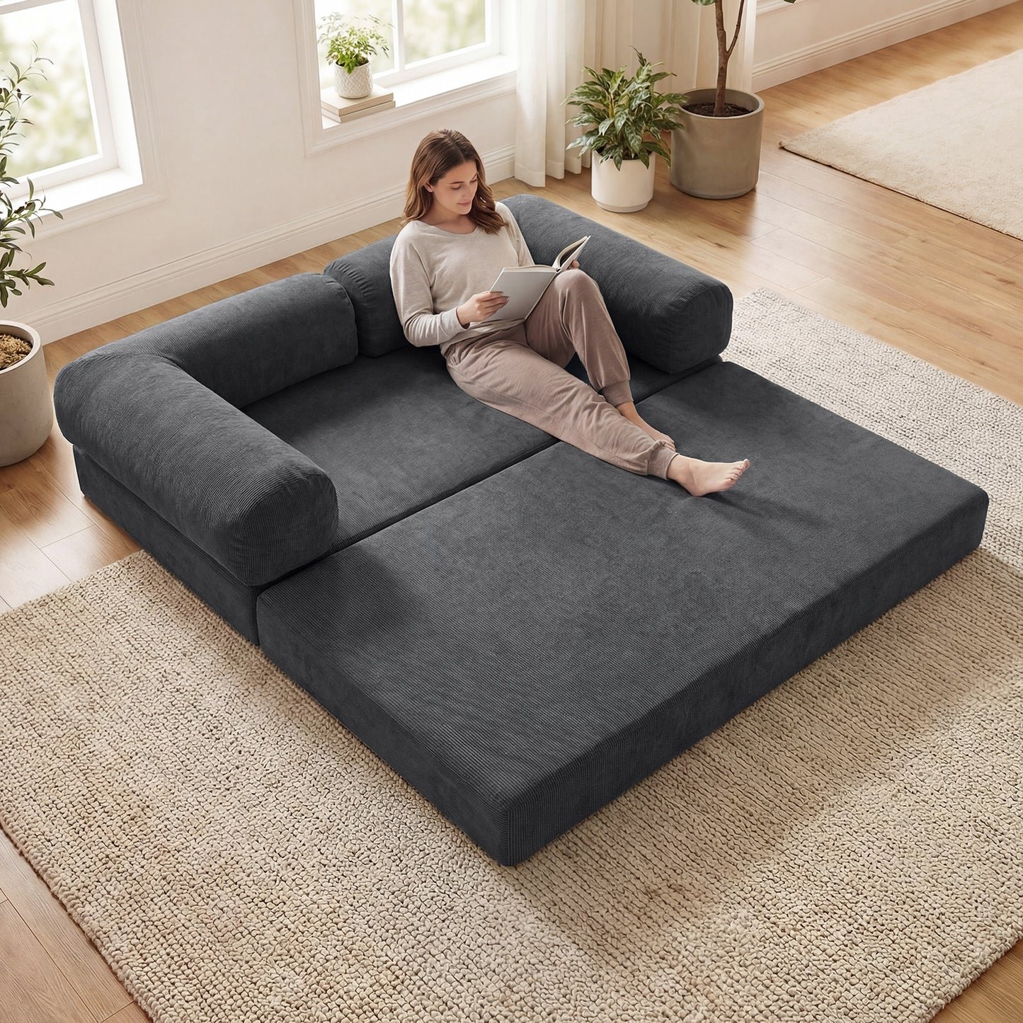 Giantex Folding Sofa Bed, No Assembly Sponge Loveseat, Sleeper Bed, Gray