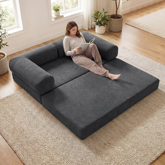 Giantex Folding Sofa Bed, No Assembly Sponge Loveseat, Sleeper Bed, Gray