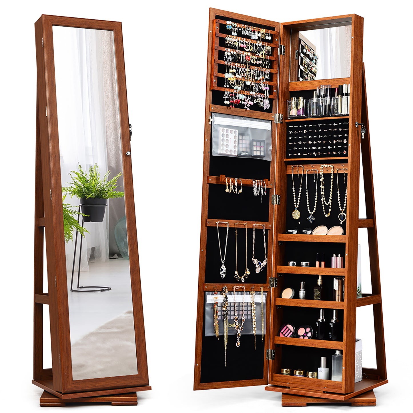 Giantex 360¡ã Rotating Jewelry Armoire w/Higher Full Length Mirror, Standing Lockable Cabinet Organizer w/ Large Storage Capacity, Inside Makeup Mirror(Walnut)