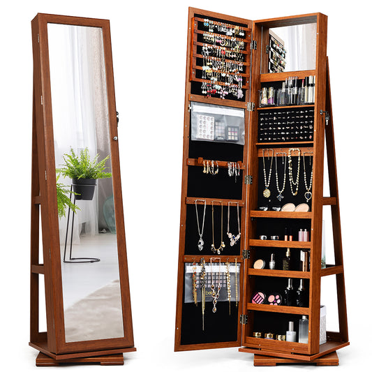 Giantex 360¡ã Rotating Jewelry Armoire w/Higher Full Length Mirror, Standing Lockable Cabinet Organizer w/ Large Storage Capacity, Inside Makeup Mirror(Walnut)