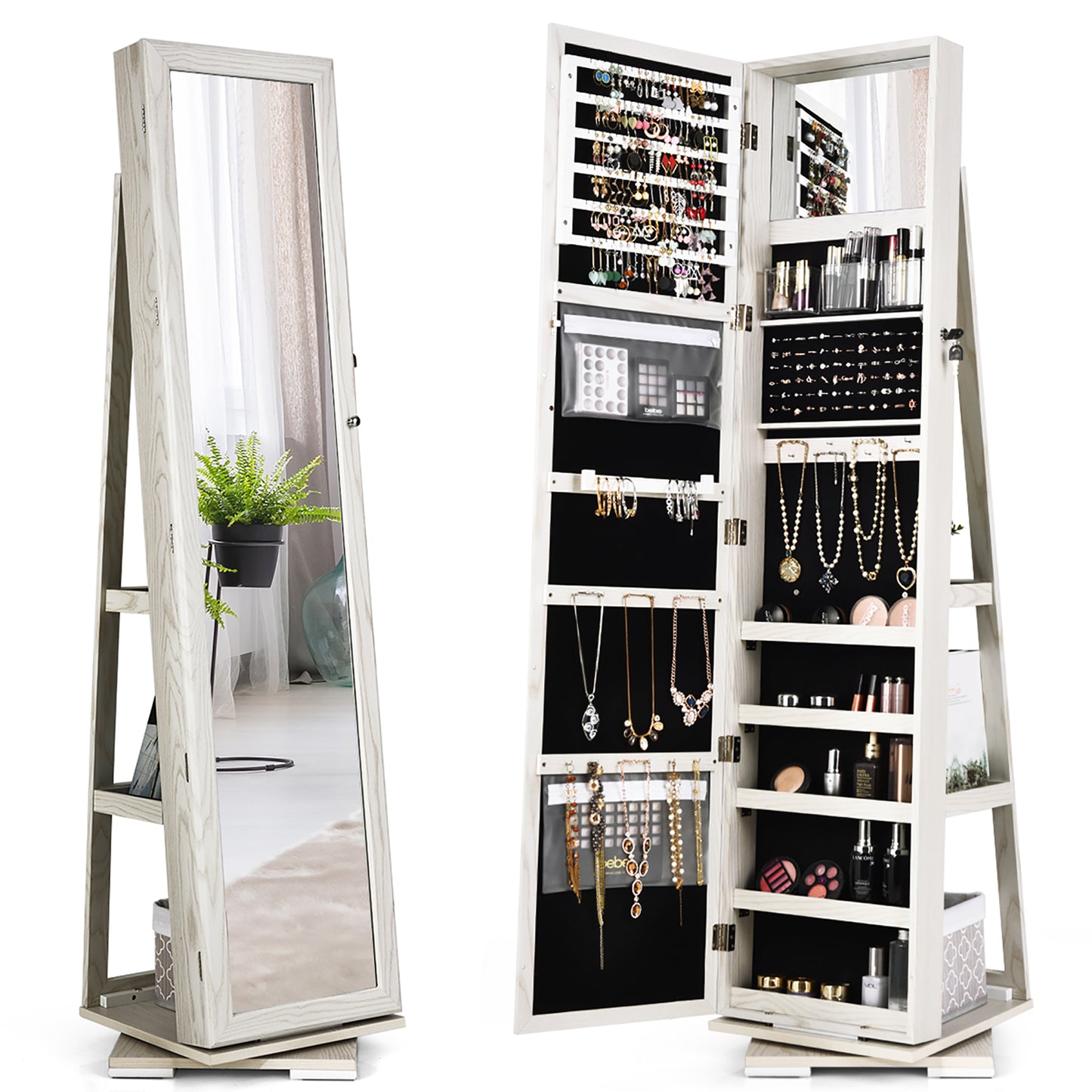 Giantex 360¡ã Rotating Jewelry Armoire w/Higher Full Length Mirror, Standing Lockable Cabinet Organizer w/ Large Storage Capacity, Inside Makeup Mirror(White)