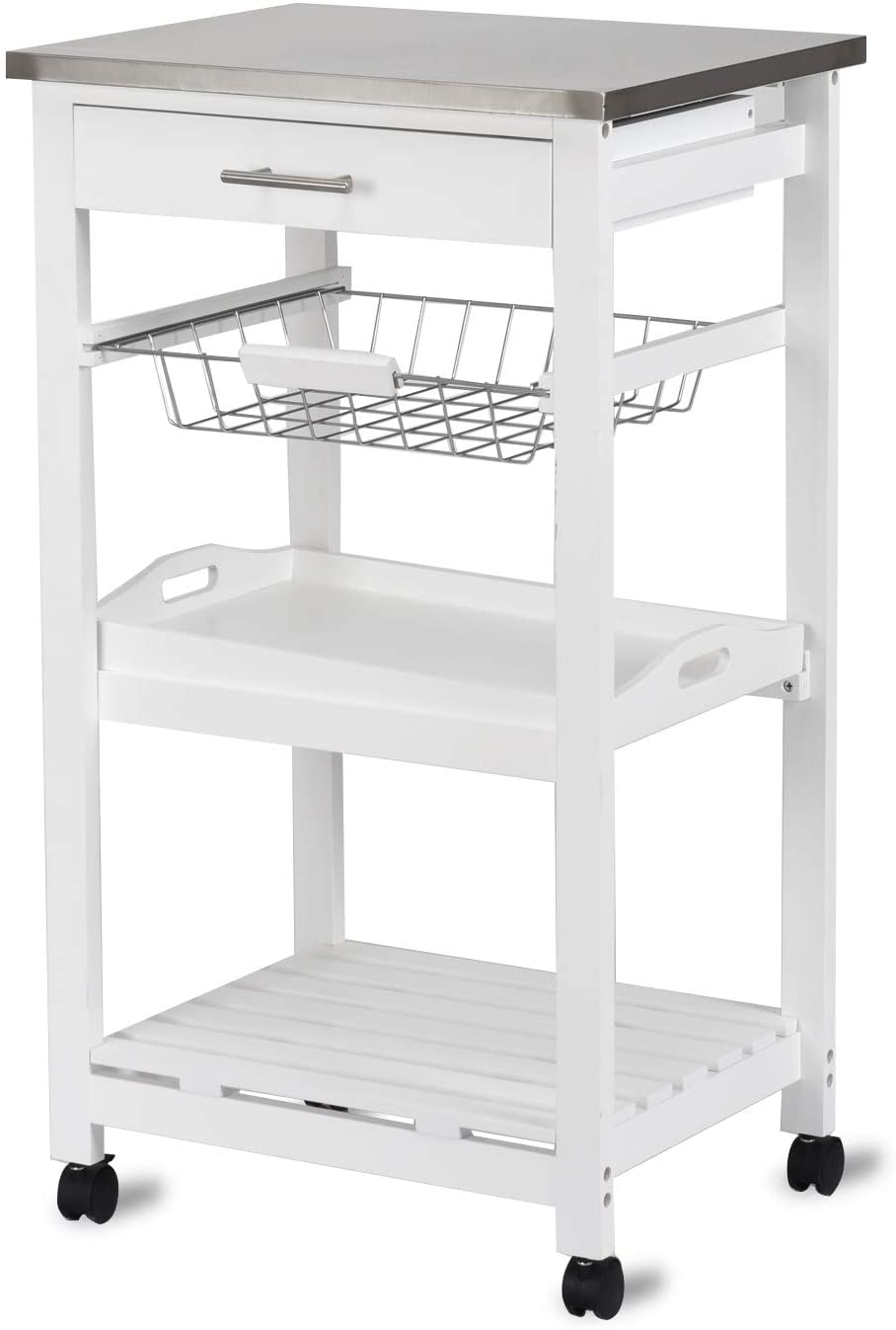 Giantex Kitchen Island on Wheels, Rolling Kitchen Island Cart with Stainless Steel Top, Utility Storage Cart with Lockable Casters for Kitchen, Dining Room, Hotel, 18.5 x 14.5 x 33 inches (White)