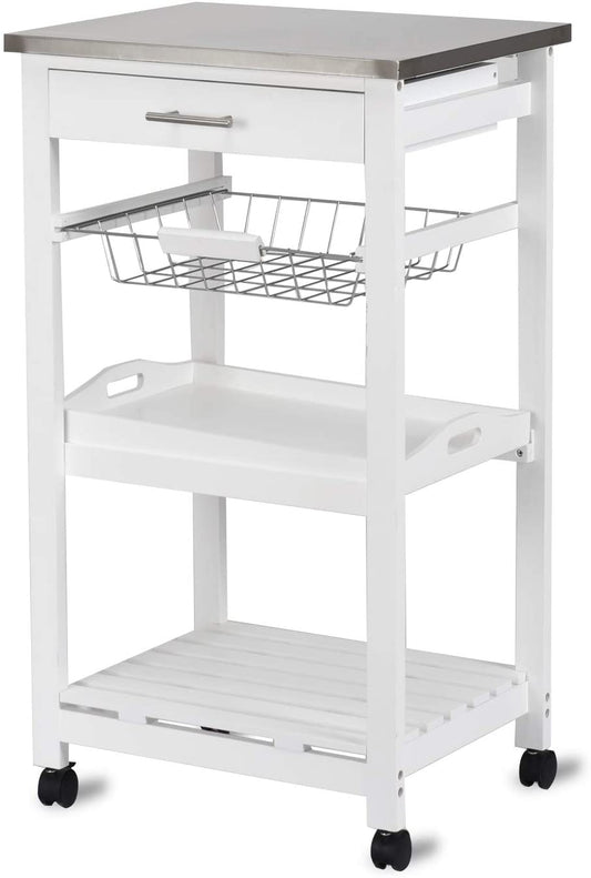 Giantex Kitchen Island on Wheels, Rolling Kitchen Island Cart with Stainless Steel Top, Utility Storage Cart with Lockable Casters for Kitchen, Dining Room, Hotel, 18.5 x 14.5 x 33 inches (White)