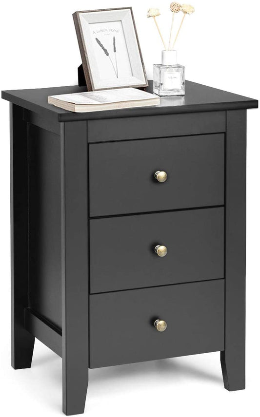 Giantex Nightstand, Side Table with 3 Drawers, Bedroom Side Storage Cabinet Wooden End Table Accent Table Solid Wood Legs