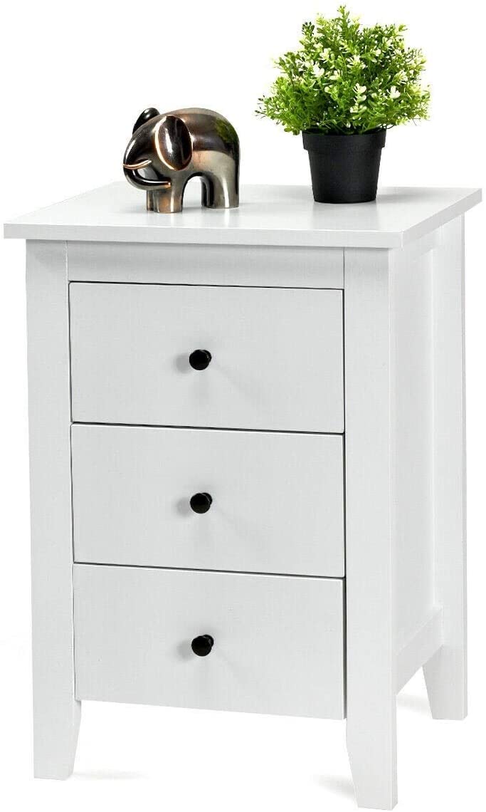 Giantex Nightstand, Side Table with 3 Drawers, Bedroom Side Storage Cabinet Wooden End Table Accent Table Solid Wood Legs
