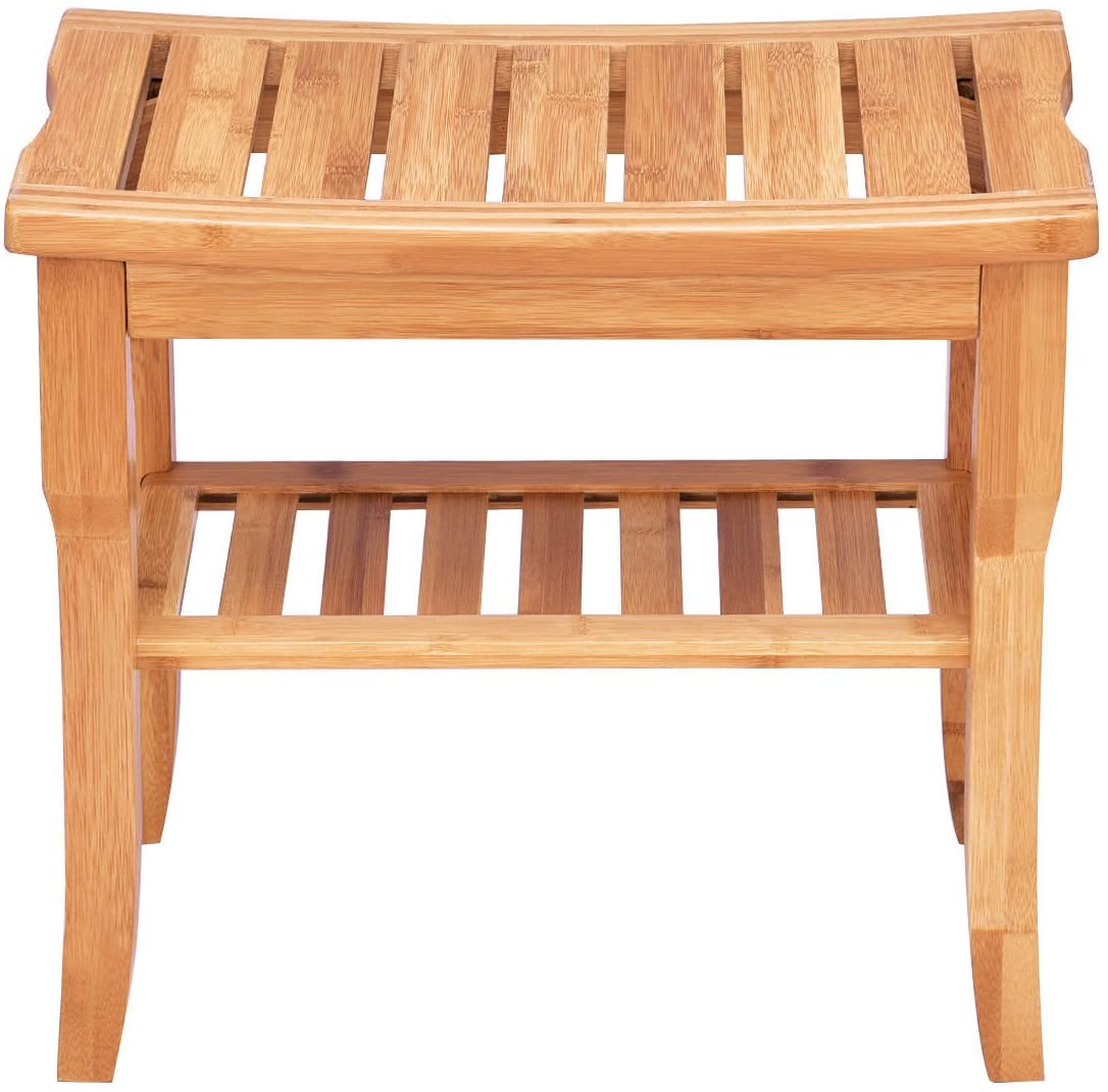 Giantex Shower Bench Bamboo with Extra Storage Shelf, Waterproof Bathroom Shower Stool with Efficient Storage Rack for Indoor or Outdoor Use (19'' x 10.5'' x 17.6'')