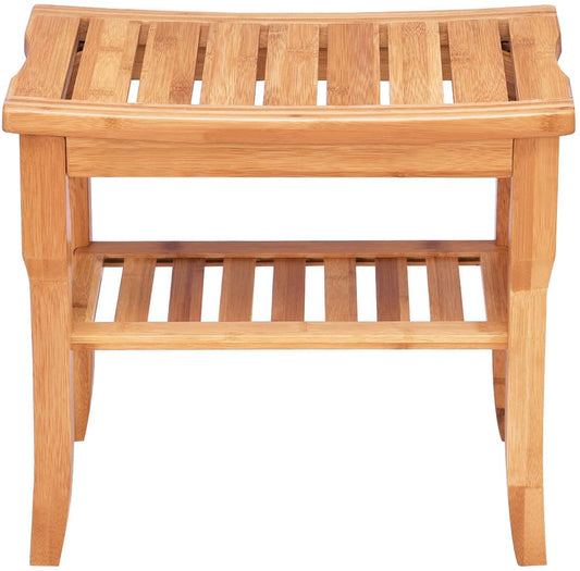 Giantex Shower Bench Bamboo with Extra Storage Shelf, Waterproof Bathroom Shower Stool with Efficient Storage Rack for Indoor or Outdoor Use (19'' x 10.5'' x 17.6'')