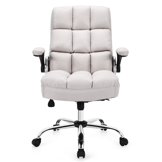 Executive Office Chair, Big and Tall Ergonomic Computer Chair, Adjustable Tilt Angle and Flip-up Armrest Linen Fabric Upholstered Chair with Thick Padding, High Back Managerial Chair