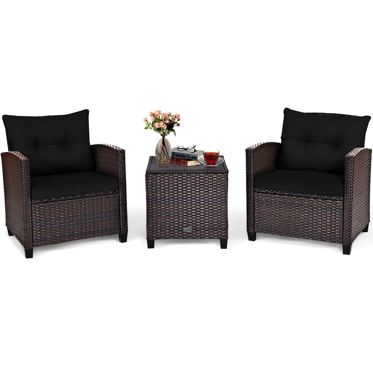 Giantex 3 Pieces Patio Furniture Set, PE Rattan Wicker 3 Pcs Outdoor Sofa Set w/Washable Cushion and Tempered Glass Tabletop, Conversation Furniture for Garden Poolside Balcony
