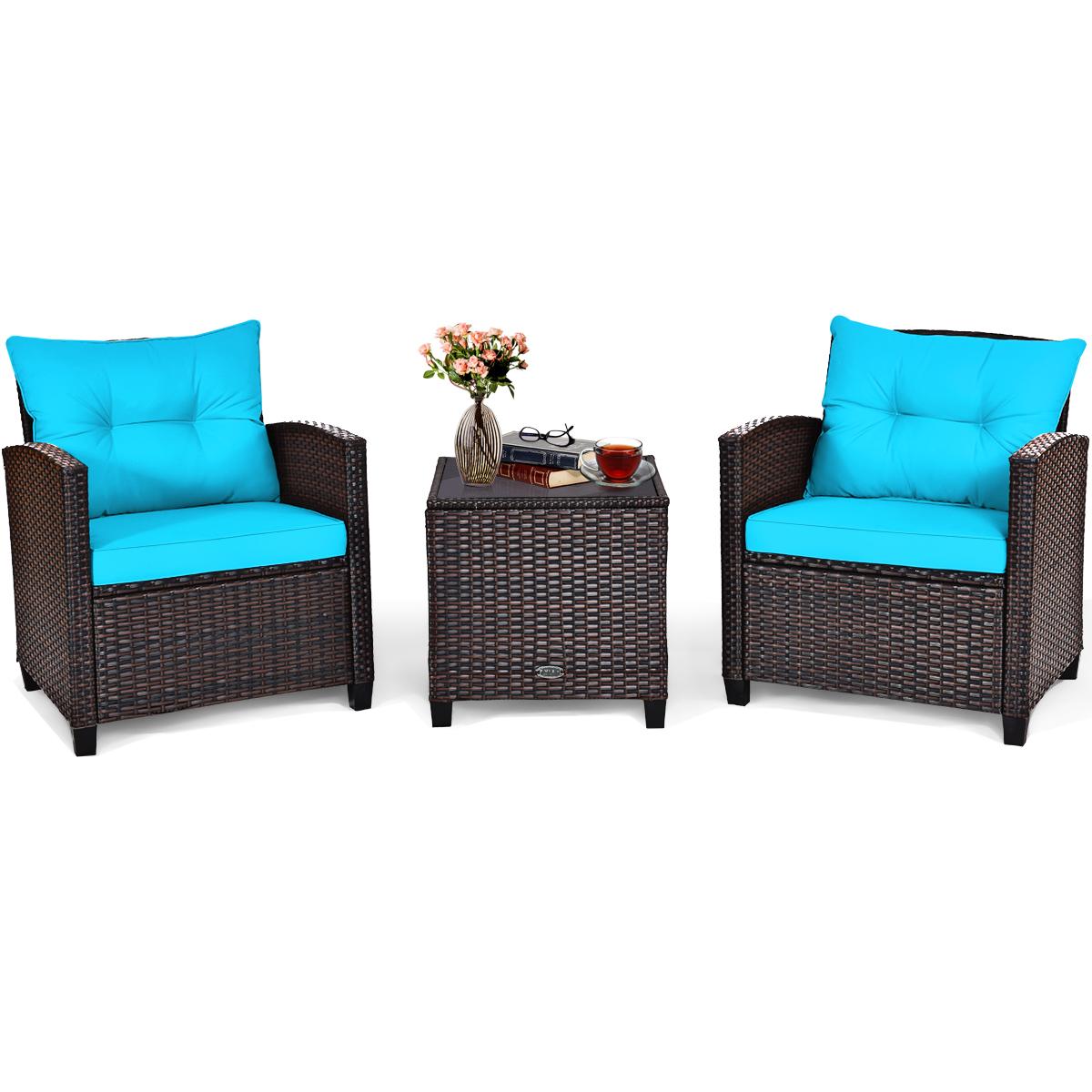 Giantex 3 Pieces Patio Furniture Set, PE Rattan Wicker 3 Pcs Outdoor Sofa Set w/Washable Cushion and Tempered Glass Tabletop, Conversation Furniture for Garden Poolside Balcony