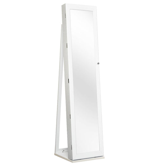 Lockable Standing Jewelry Armoire with Full-Length Mirror, Mirrored Cabinet and Storage Organizer with Shelves, Stand Rings, Necklaces Bracelet Hooks, Earring Slots for Women Girls, White