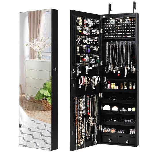 Giantex Jewelry Armoire Wall Door Mounted, Full Screen Jewelry Cabinet for Bedroom, Lockable Jewelry Cabinet with LED Lights and Frameless Mirror, 1 Scarf Rod, 36 Hooks, 1 Makeup Pouch