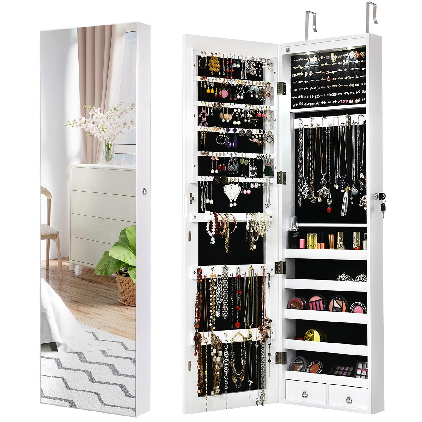 Giantex Jewelry Armoire Wall Door Mounted, Full Screen Jewelry Cabinet for Bedroom, Lockable Jewelry Cabinet with LED Lights and Frameless Mirror, 1 Scarf Rod, 36 Hooks, 1 Makeup Pouch
