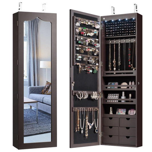 Giantex 5 LEDs Mirror Jewelry Armoire Wall Door Mounted, Lockable Jewelry Cabinet with 6 Drawers and Full Length Mirror, Large Capacity Jewelry Organizer Storage Jewelry Box with Drawers